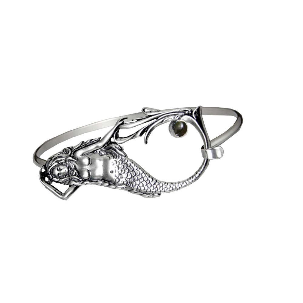 Sterling Silver Mermaid Strap Latch Spring Hook Bangle Bracelet With Spectrolite